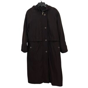 VTG Valerie Stevens Womens Long Hooded Trench Coat Brown Button Zip Size 12P